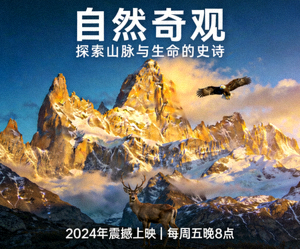 纪录片自然奇观海报，展示壮丽山脉与野生动物